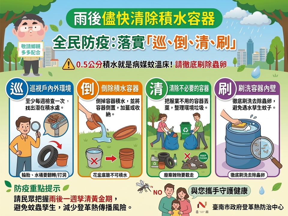 雨後立即清除積水容器，以防病媒蚊孳生圖卡